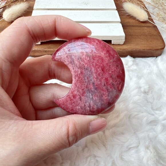 Beautiful Ice Rhodonite Small Moon Carving | Sakura Cherry Blossom Rhodonite - Picture 2 of 6